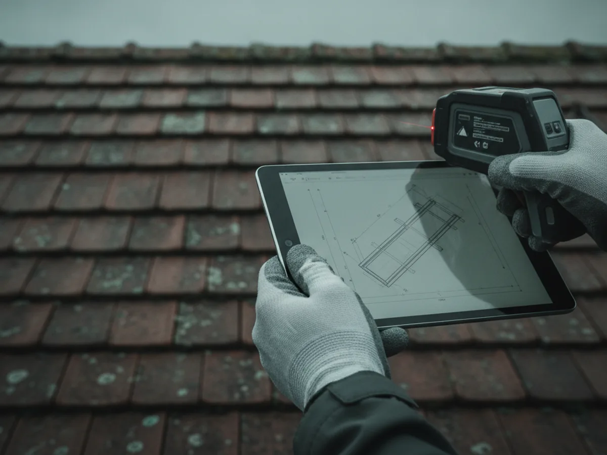 Hände mit Messgerät und Tablet bei der Vermessung eines Daches