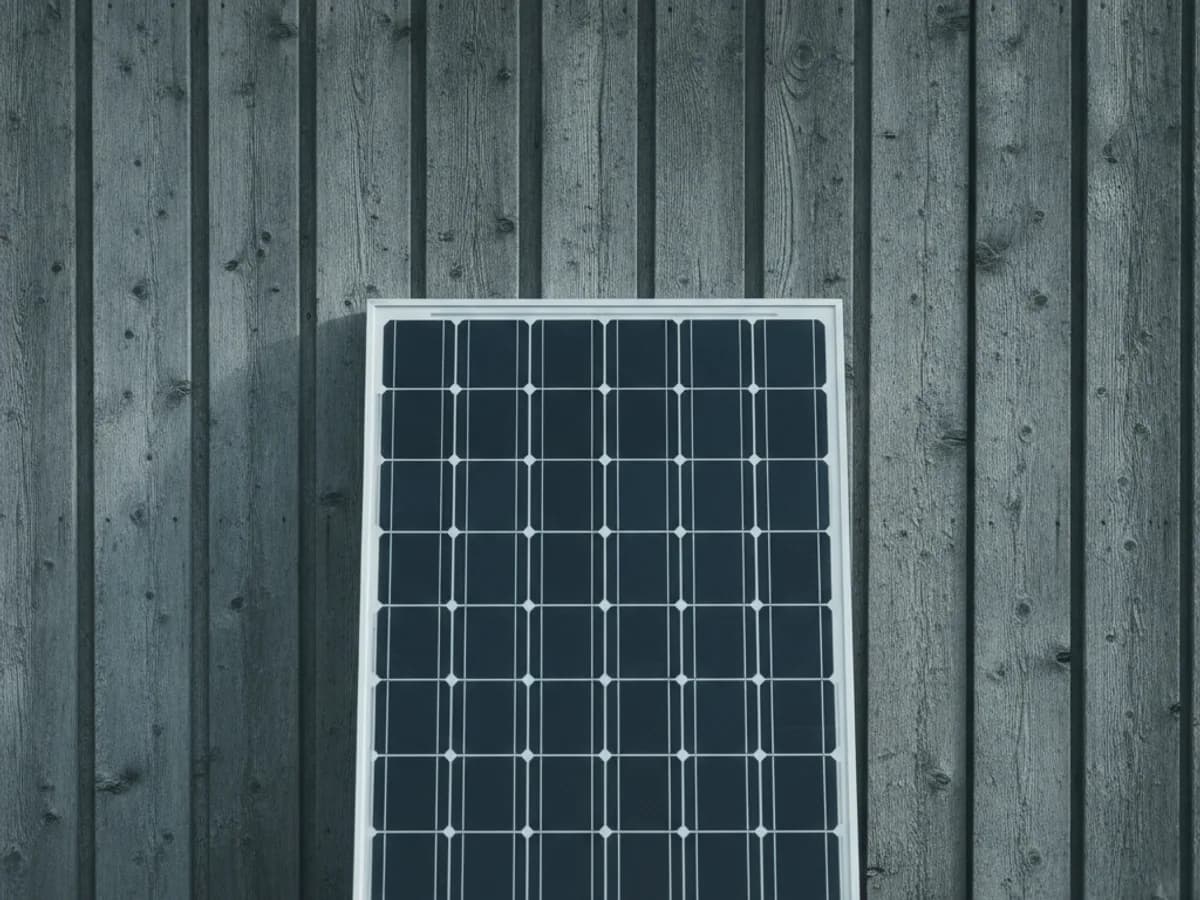 Gestapelte Solarmodule vor einer Scheunenwand
