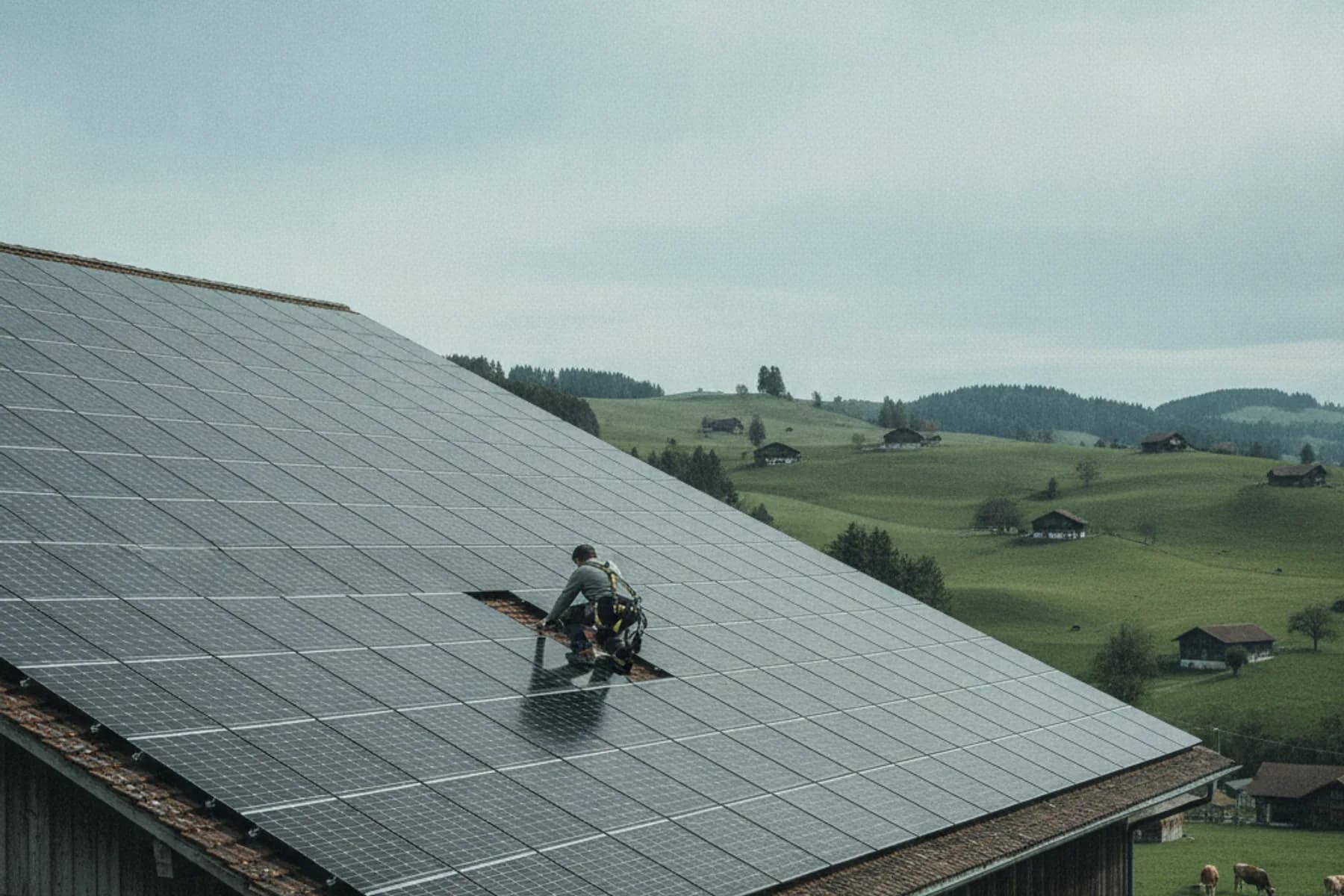 Stalldach im Appenzell mit grossflächiger Photovoltaikanlage, Techniker auf dem Dach